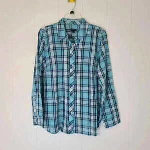 Talbots Petite NWT Teal Plaid Metallic Lightweight Button-Up Shirt Size Medium